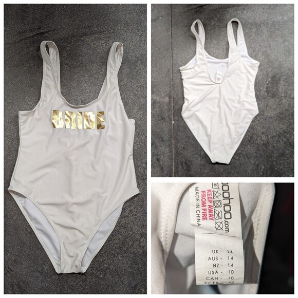 Boohoo Size 10 White BRIDE gold Metallic print One Piece Swimsuit Bathing Swim - Picture 2 of 5